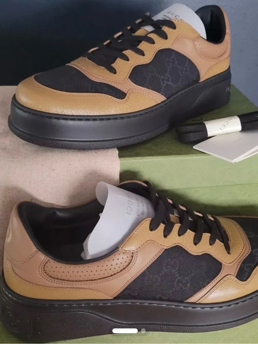 Gucci Men’s Tan and Black Low-Top Sneakers with GG Panel